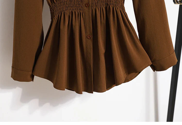 2026 Women's Plus Size Blouse Korean Style Spring Autumn Loose Elegant Casual Mid-length Tops Long Sleeved Waist Cinching Shirts