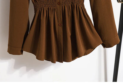 2026 Women's Plus Size Blouse Korean Style Spring Autumn Loose Elegant Casual Mid-length Tops Long Sleeved Waist Cinching Shirts