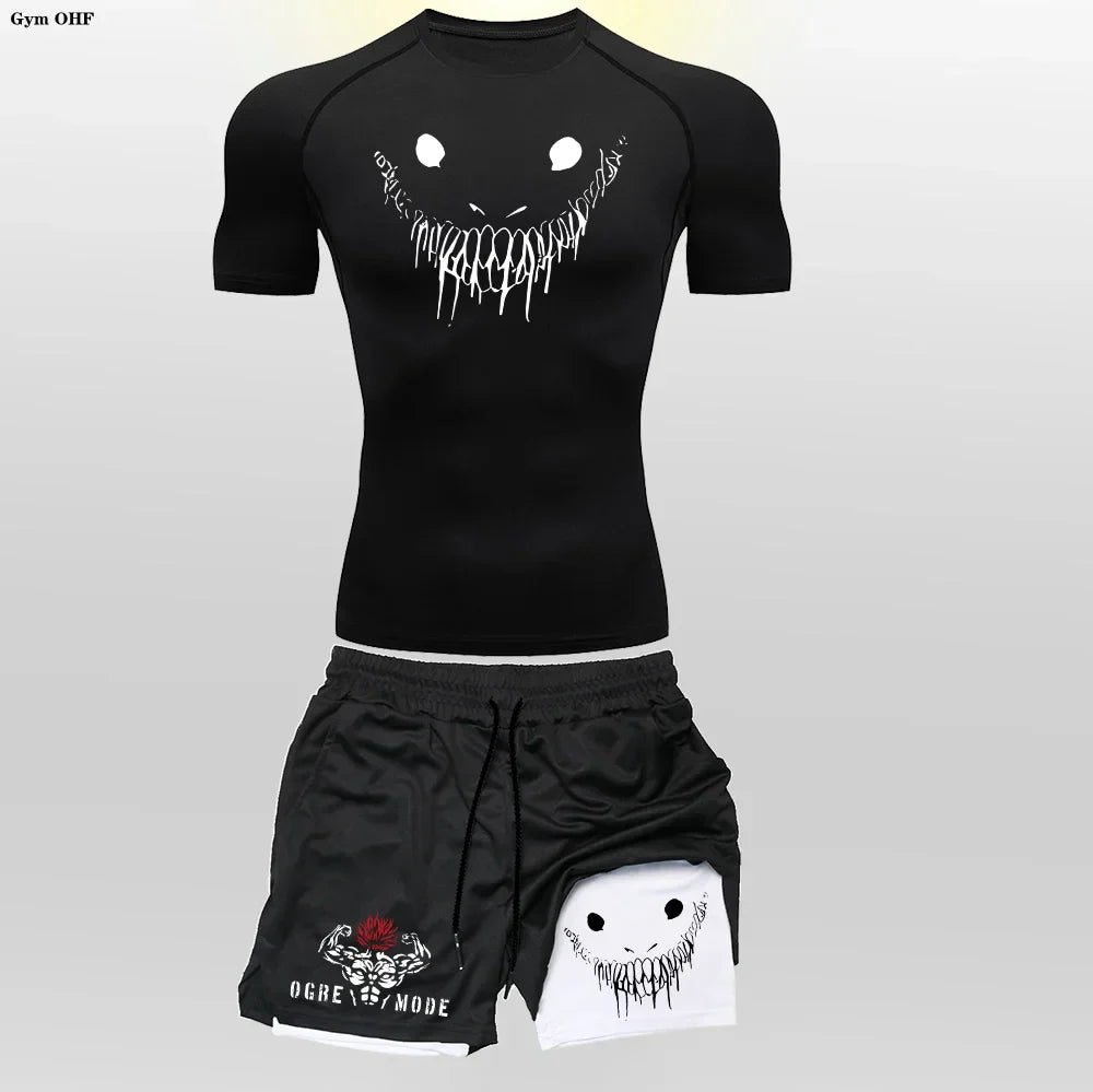 Funny Face 2 in 1 Shorts T Shirt Suits Men's Fitness Breathable Second Skin Compression Shirts Sets Gym Double Deck Shorts