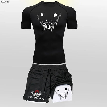 Funny Face 2 in 1 Shorts T Shirt Suits Men's Fitness Breathable Second Skin Compression Shirts Sets Gym Double Deck Shorts