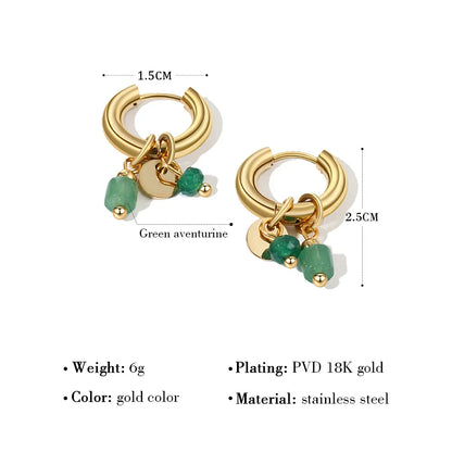 18K Gold Plated Stainless Steel Hoop Earrings for Women Vintage Green Natural Stone Charms Trendy Waterproof Jewelry