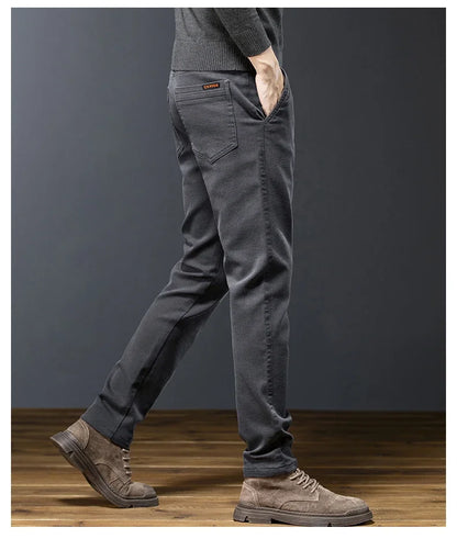 Classic Men's Fleece Slim Pants Winter Casual Velvet Business Straight Solid Thick Plush Trousers Brand Clothing Man Pants