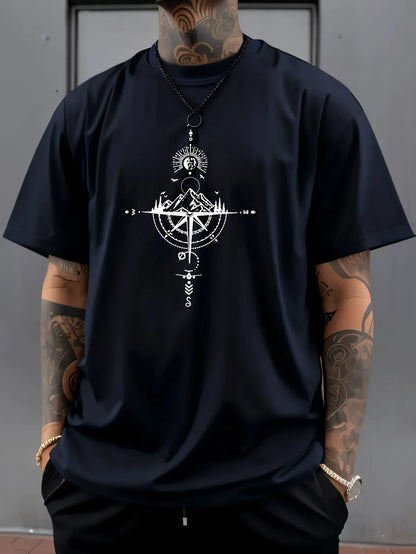 Summer men's 100% pure cotton casual sports loose oversized retro compass printed comfortable round neck short sleeved T-shirt