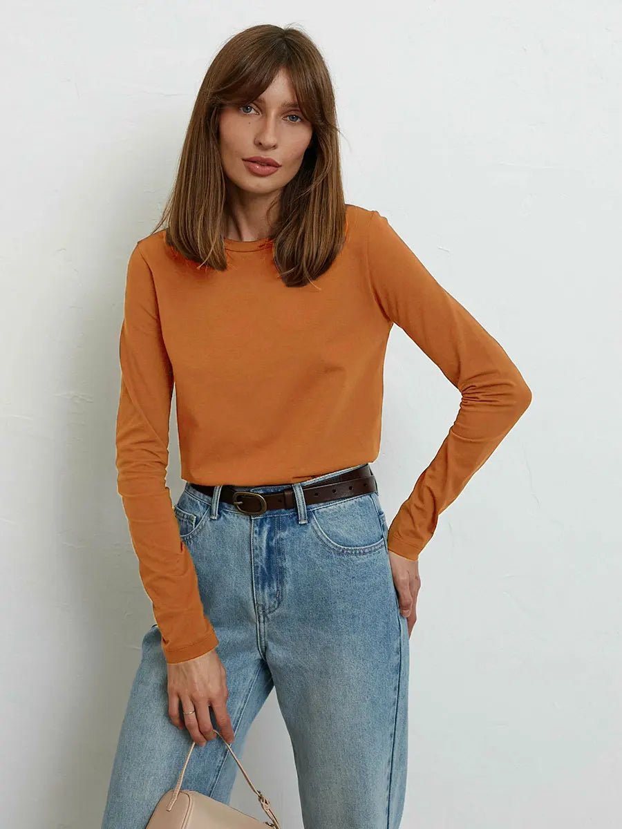 Women's Spring Autumn 100% Cotton T-shirt Bottoming Basic Solid Lady Long Sleeve Loose Tops Shirts Oversized T Shirt