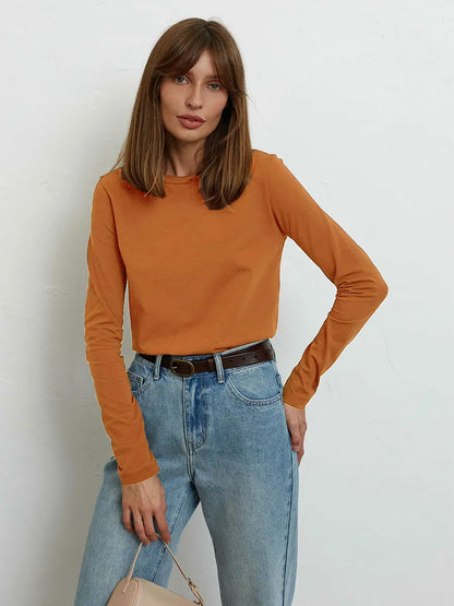 Women's Spring Autumn 100% Cotton T-shirt Bottoming Basic Solid Lady Long Sleeve Loose Tops Shirts Oversized T Shirt