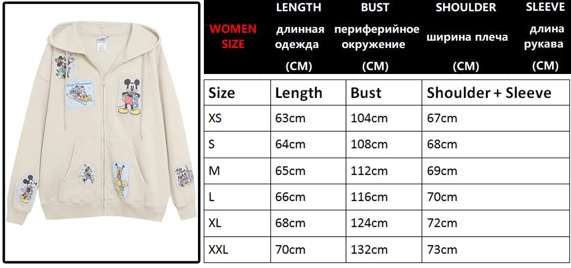 Mickey Mouse Family Patch Letter Cartoon Print Fleece Sweatshirt Jacket Unisex Women Hooded Zip Up Jumper Tops
