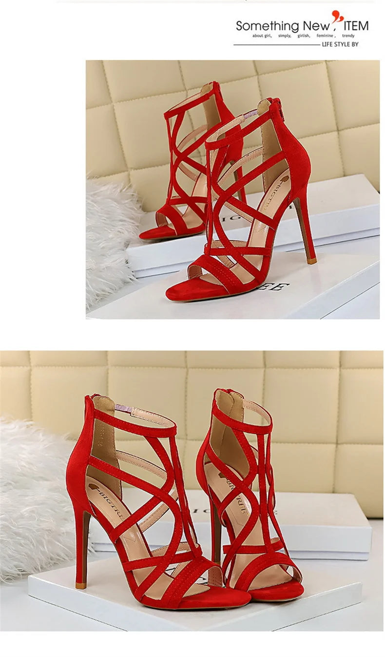 Women Roman Style Thin High Heels Pumps Pointed Toe Suede Hollow Strap Party Shoes Solid Ankle Zip Summer Sandals
