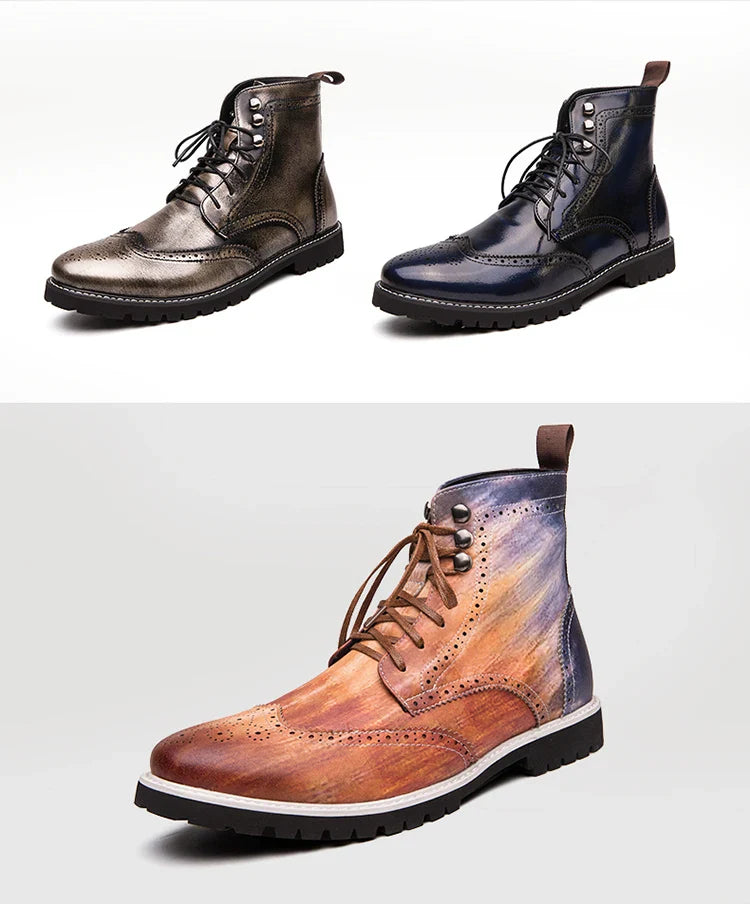 Men Lace-up High Top Brogue Carved Business Boots