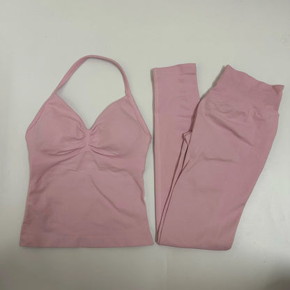 Set of 2 pieces of women's yoga mesh, sleeveless tops with open back, high-waisted gym suit, fitness clothing, yoga set
