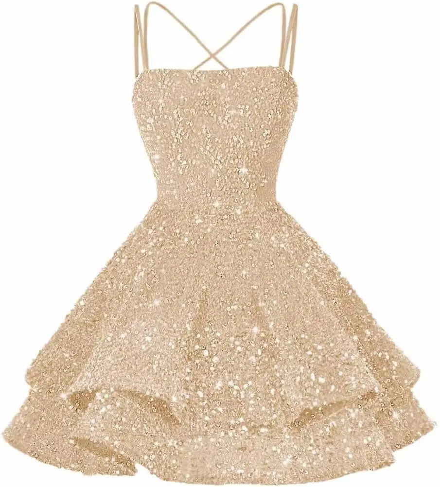 Sequin Short Square Neck Homecoming Dress for Teen Sparkly Prom Dress Sweet 16 Photo Shoot Cocktail Gowns Graduation Dress