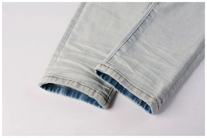 Calça Jeans Masculina de Cintura Reta Rasgada, Cor Sólida, Elástica, Respirável, Confortável e de Alta Qualidade, Nova Tendência Primavera Outono