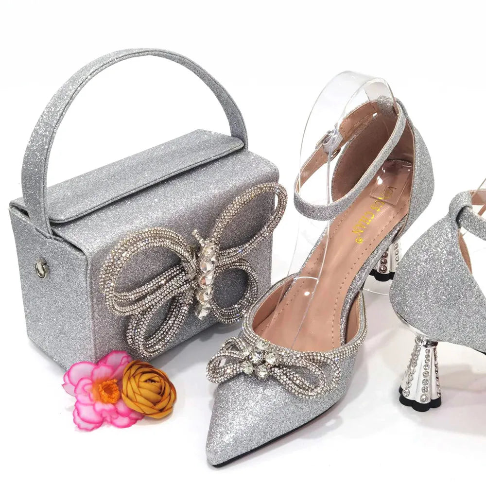 Ladies Pointed-Toe Party High Heels Magenta Colour Bow Rhinestone Stereo Bag Evening  African Wedding Shoe And Bag Set