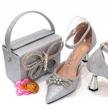Ladies Pointed-Toe Party High Heels Magenta Colour Bow Rhinestone Stereo Bag Evening  African Wedding Shoe And Bag Set