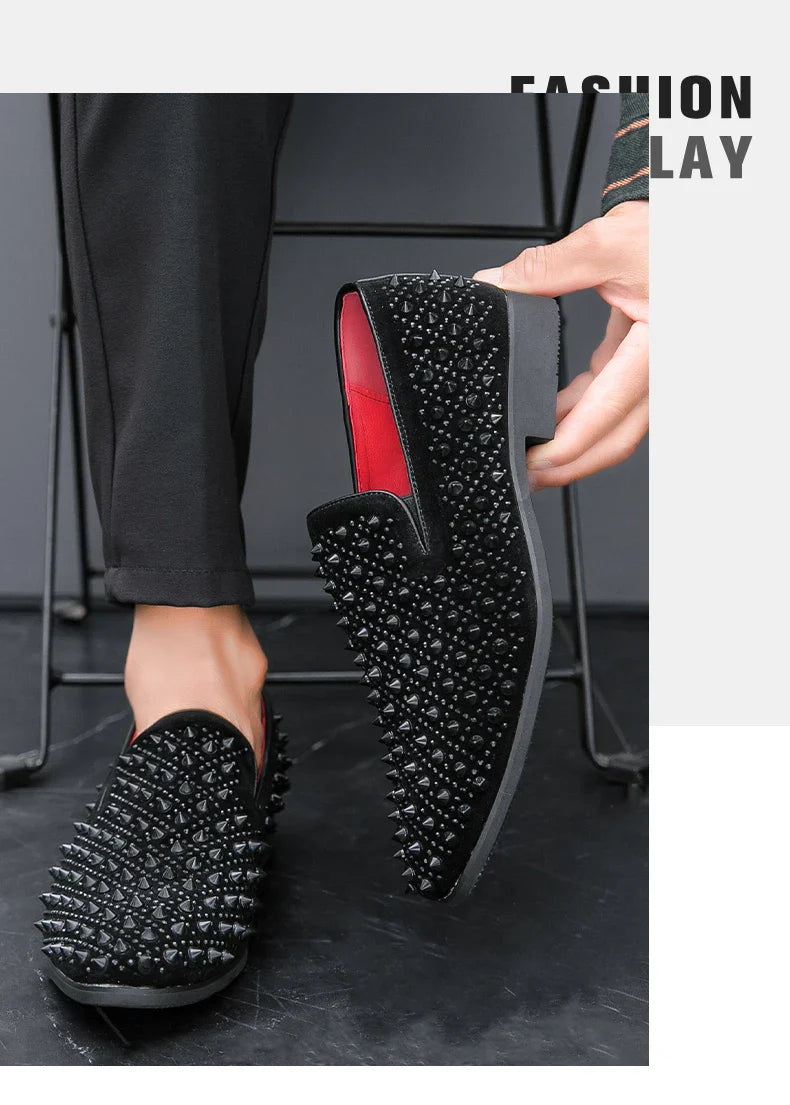 Hairdresser personality trend rivet hot diamond Loafers men's British vintage rhinestone shoe hipster leather shoes