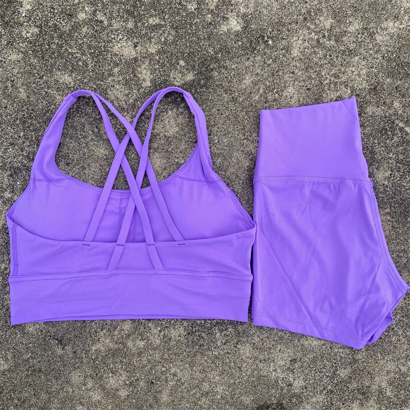 Yoga Shorts Set Gym Sports Set Women Workout Clothes 2 Piece Fitness Suit Cross Straps Bra High Waist Shorts Running Tracksuit