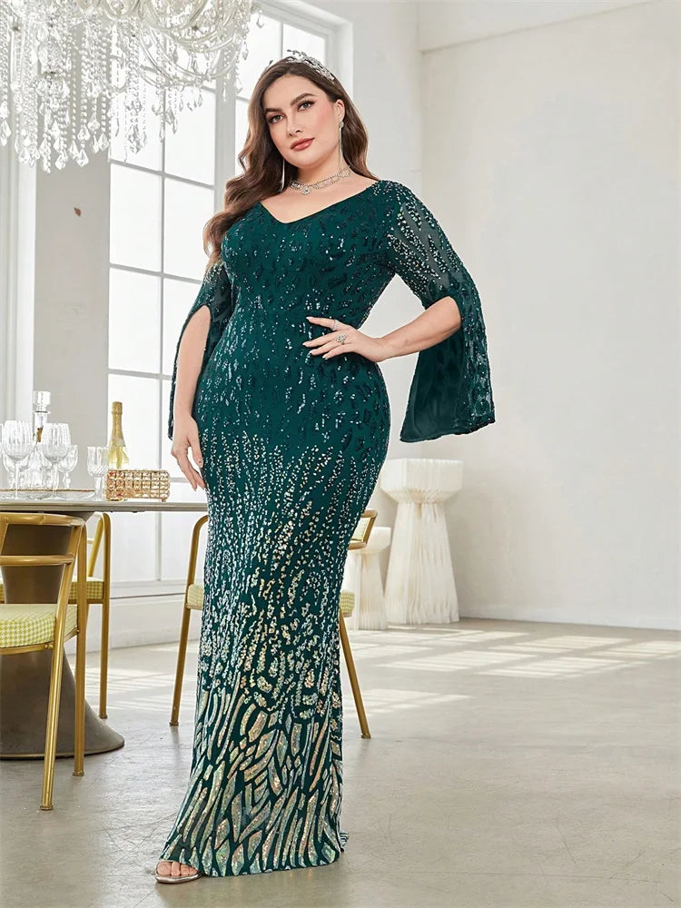 Vestido de Festa Elegante Plus Size com Lantejoulas Preto 2025 Feminino Formal Maxi Baile Mangas Compridas Festa Luxuoso Coquetel