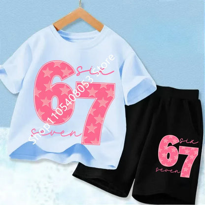 New 67 Number Six Seven Print Kids Cool Summer T-shirt 3-12Yrs Clothes Cartoon Short-sleeved+Shorts Boys Girls Sports Casual Set