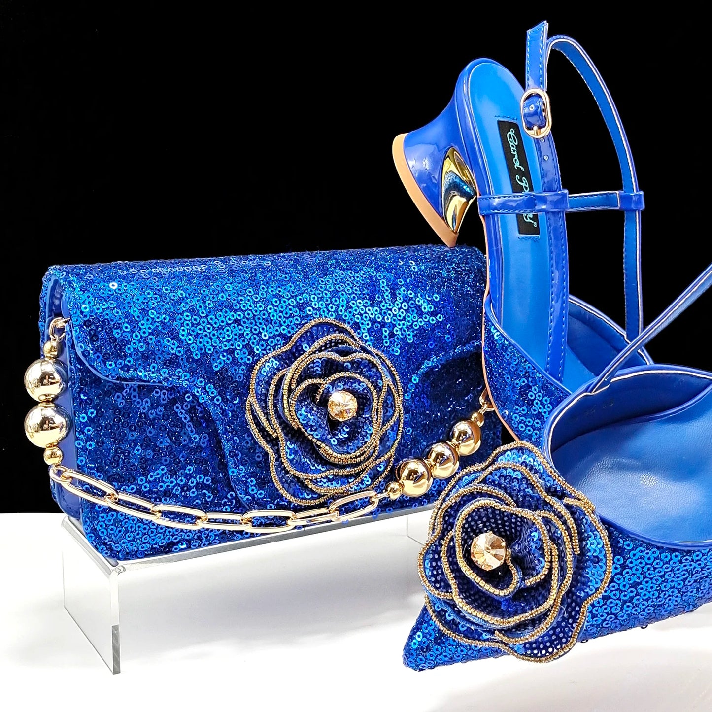 Gold Color Shoes and Bag Elegant Handbags and Medium Heel Shoes Beautiful Handmade Flowers For Wedding Party