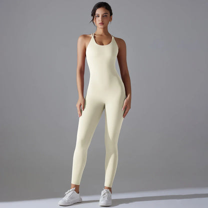 Sexy Backless Bodycon Scrunch Jumpsuit Raises Butt Women Dance Fitness Overalls Push Up Sleeveless Yoga Sport Jump Suit