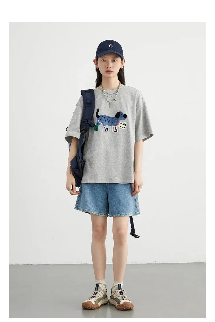 CHIC VEN Camisetas Femininas Soltas Streetwear Unissex Divertido Cão Bordado Manga Curta Algodão Blusas Menina Femininas Verão 2025
