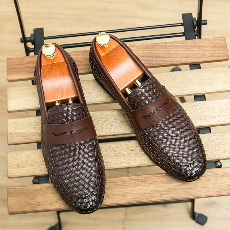 European station fashion brand luxury bean shoes leather men's shoes slip-on loafers classic plaid small leather shoes