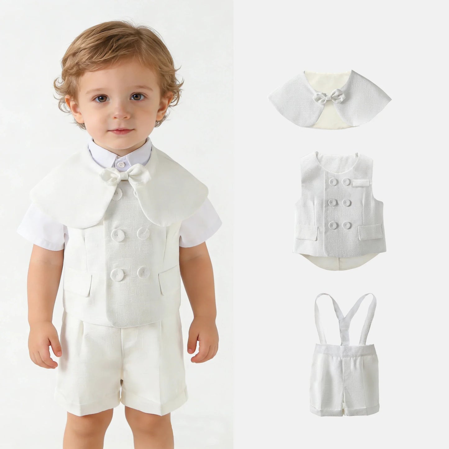Boys White Linen Suit Set Summer Short Sleeve shawl  Vest & suspenders Shorts Gentleman Outfit for Wedding Party Occasions