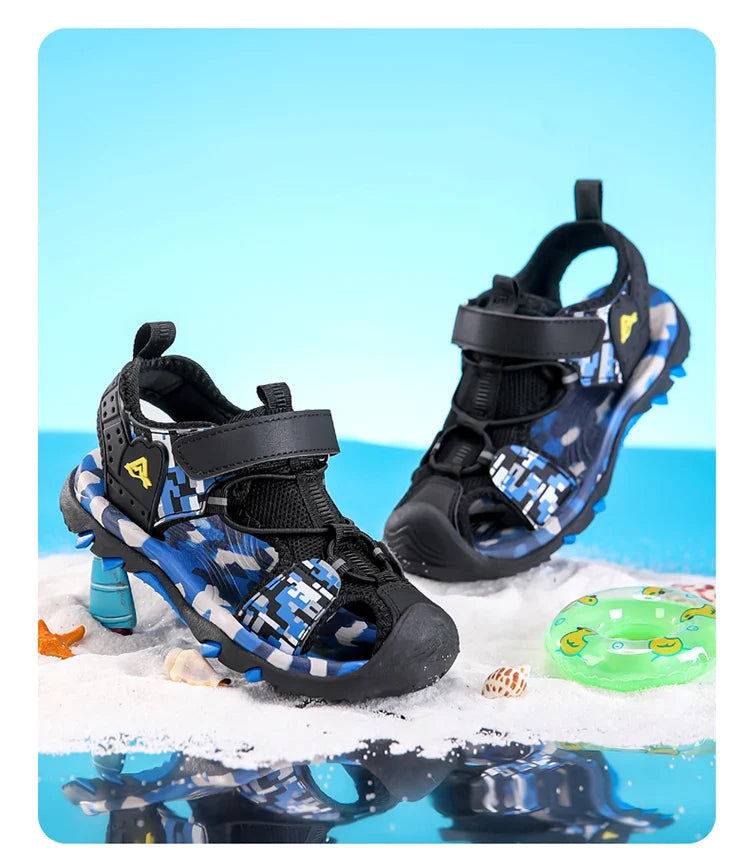 Kids Sandals Boys Breathable Anti-Slip Soft Sole Summer Beach Shoes Outdoor Lightweight Children Sandals with Adjustable Straps