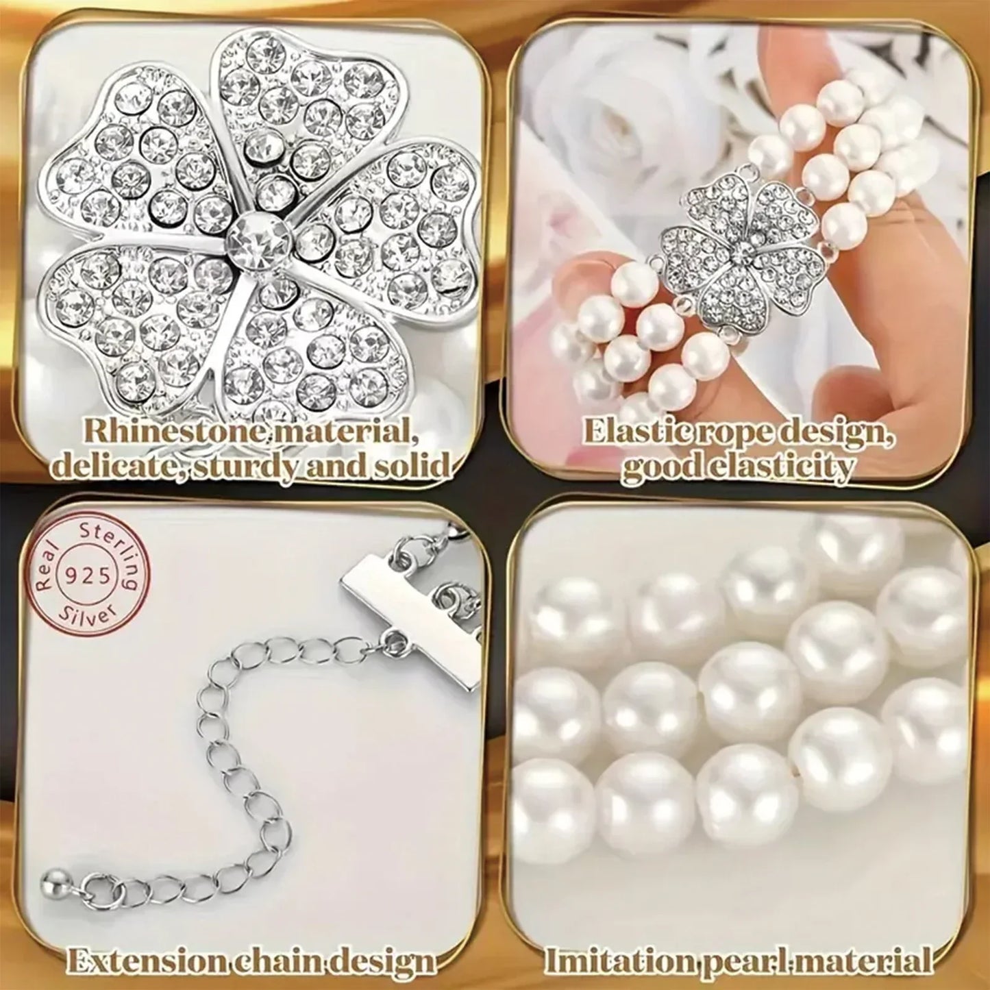 925 Silver, 1 Piece 1920's Pearl Jewellery Set with Vintage Girl Earrings, Layered Faux Pearl Necklace and Bracelet for Women