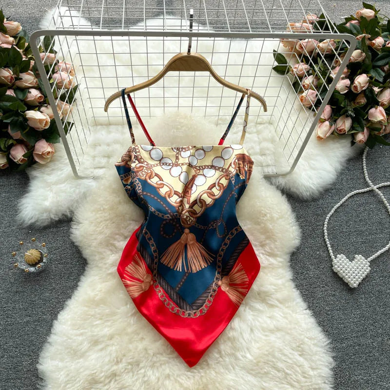 Women Sexy Backless asymmetrical lace-up Camis Print Tank Top Chic One-piece Corset Bustier Summer Beach vacation Crop Top
