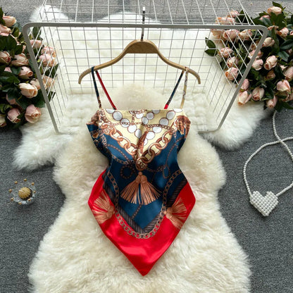 Women Sexy Backless asymmetrical lace-up Camis Print Tank Top Chic One-piece Corset Bustier Summer Beach vacation Crop Top