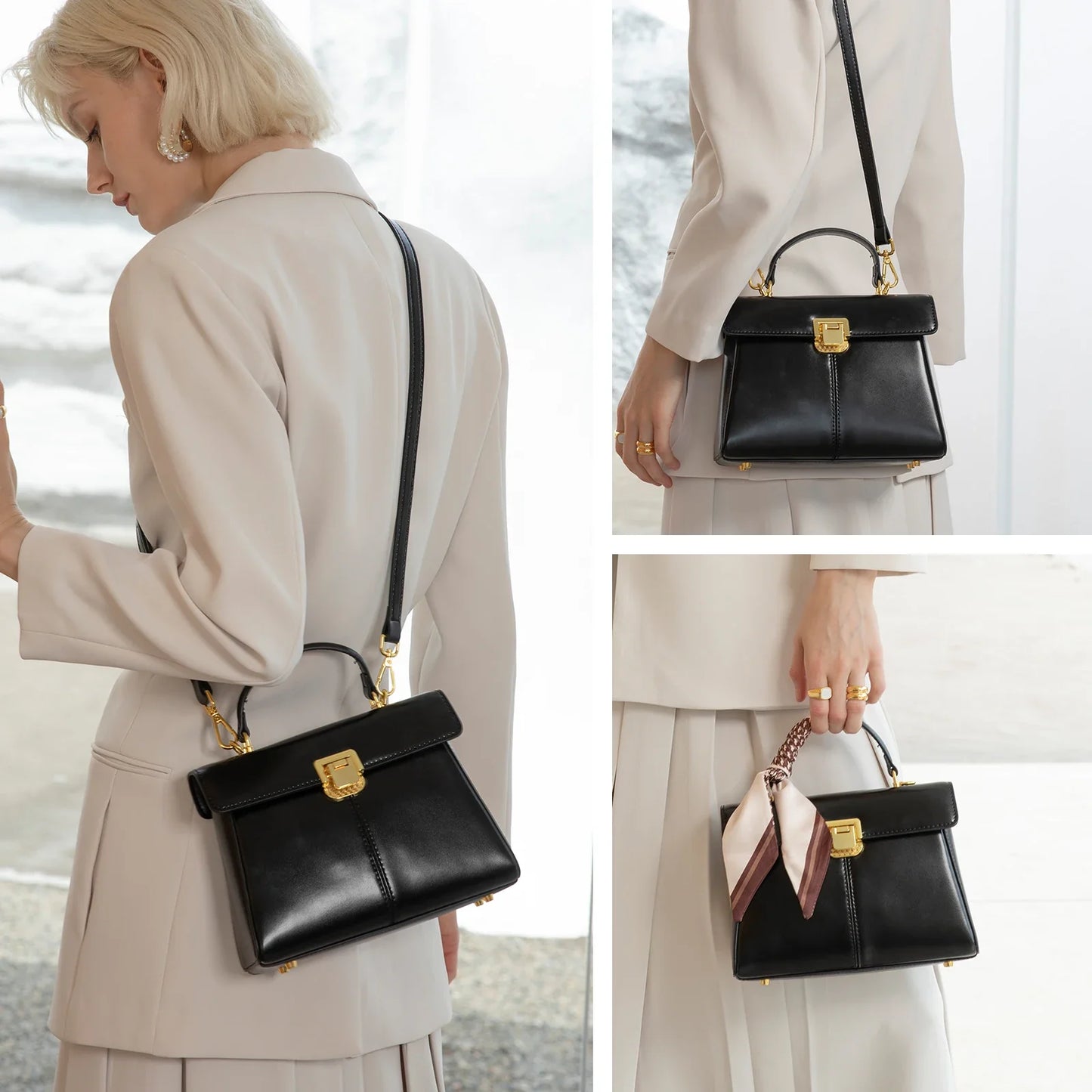 Genuine Leather Handbag with Scarf | Luxury Designer Trendy Shoulder Bag Solid Color Commuting Bag | bags for women gift