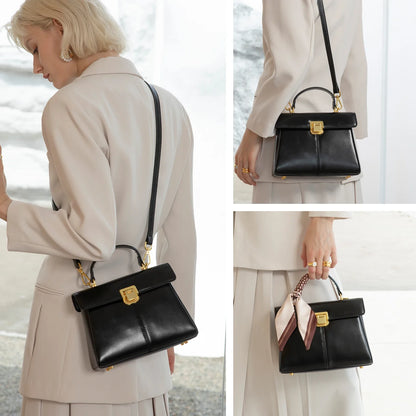 Genuine Leather Handbag with Scarf | Luxury Designer Trendy Shoulder Bag Solid Color Commuting Bag | bags for women gift