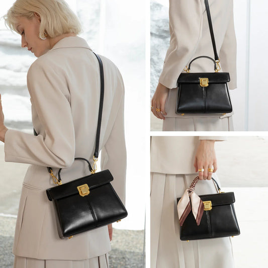 Genuine Leather Handbag with Scarf | Luxury Designer Trendy Shoulder Bag Solid Color Commuting Bag | bags for women gift