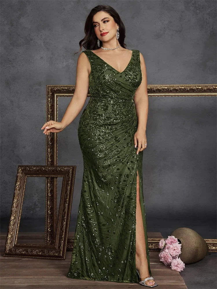 Plus Size Elegant V-back Slit Sequins Formal Evening Dresses 2026 Luxury Mermaid V-neck Cocktail Wedding Party Gowns