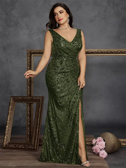 Plus Size Elegant V-back Slit Sequins Formal Evening Dresses 2026 Luxury Mermaid V-neck Cocktail Wedding Party Gowns