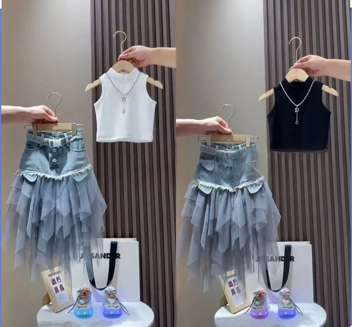 Girls' Summer New Set 2025 Korean Version Baby Girl Tank Top Mesh Splicing Cowboy Skirt Set kids jacket