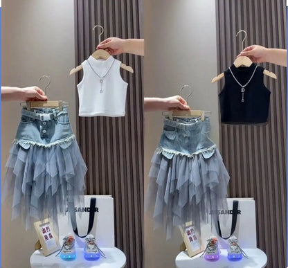 Girls' Summer New Set 2025 Korean Version Baby Girl Tank Top Mesh Splicing Cowboy Skirt Set kids jacket