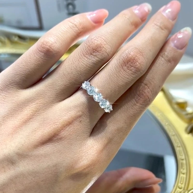 Full 4mm Moissanite Ring for Women 5 Stones Diamond Wedding Band Bride S925 Sterling Silver with White Gold Plated Rings