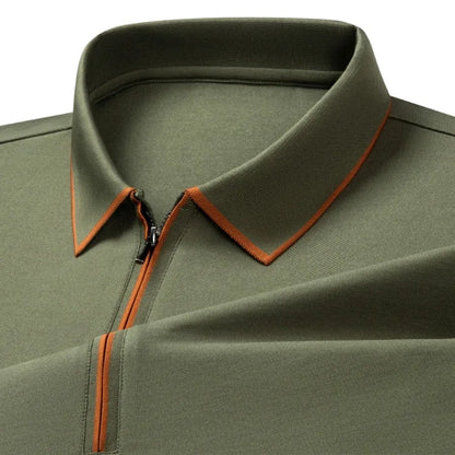 Men's Silk Zipper Polo Shirt Short Sleeve Mulberry T-Shirt Metal Zipper, Stand Collar Luxury Casual Summer Top Cotton&Linen Tee