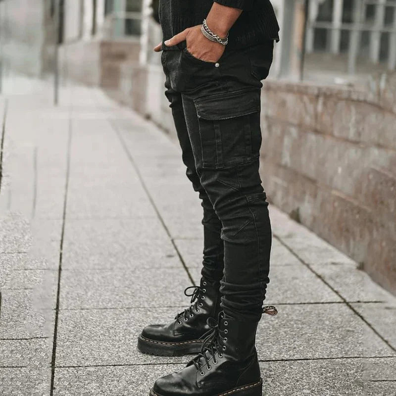 Stylish Tide Brand Men Cargo Narrow Leg Denim Pants Elastic Slim Fit Jeans Solid Color Multi Pockets Casual Skinny Male Trousers