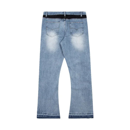 American retro washed letter spliced denim trousers high street trendy brand couple loose straight micro-flared long trousers