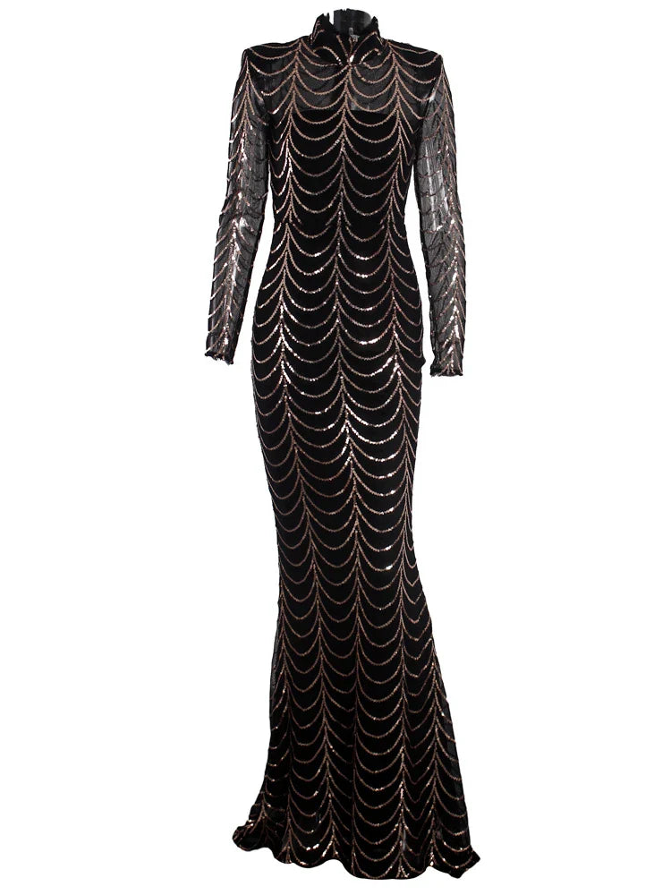 Vestido Formal Longo de Festa com Lantejoulas, Manga Comprida, Gola O Alta, Ombreiras, Forro Comprido, Vestido de Noite para Festa