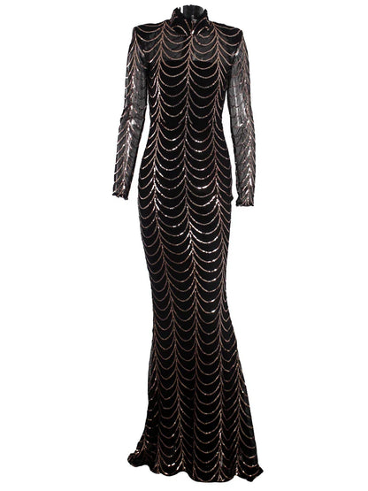Vestido Formal Longo de Festa com Lantejoulas, Manga Comprida, Gola O Alta, Ombreiras, Forro Comprido, Vestido de Noite para Festa