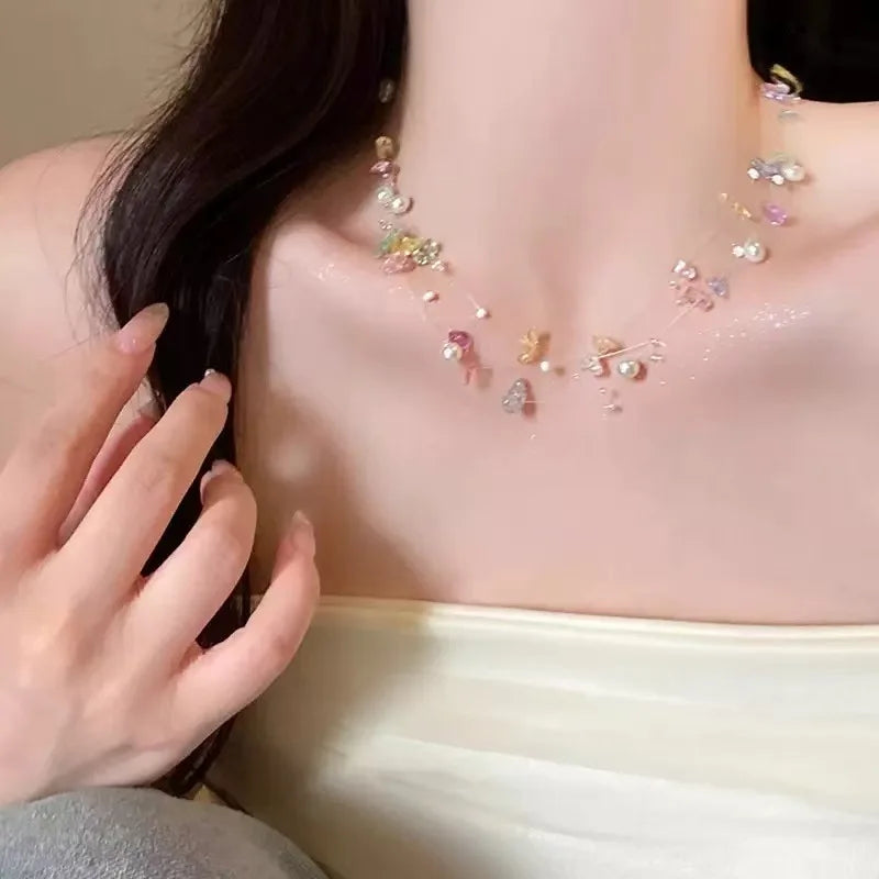 Romantic Niche Pink Sweet Flower Collarbone Chain Versatile Temperament Necklace Women's Pearl Fringe Collarbone Chain