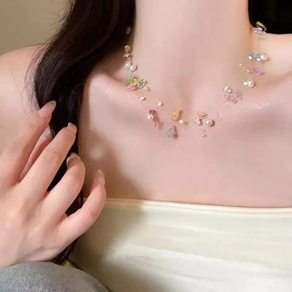 Romantic Niche Pink Sweet Flower Collarbone Chain Versatile Temperament Necklace Women's Pearl Fringe Collarbone Chain