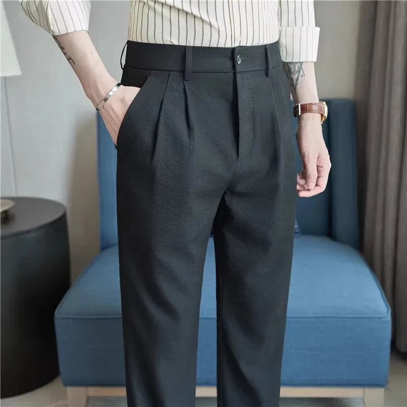 Summer Lightweight Suit Pants Men Solid Color Straight Smart Casual Suit Trousers Mens Half Elastic Waist Full Length Pants