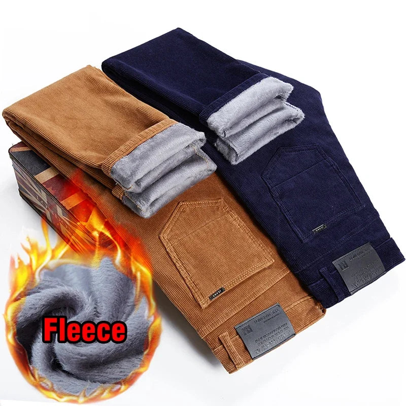 Winter Men's Fleece Corduroy Pants Warm Classic Casual Business Plush Thickened Business Trousers Male Brand Clothing