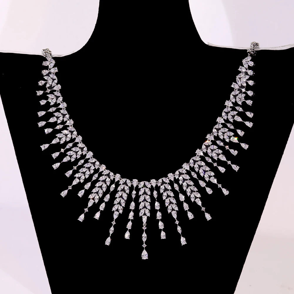 New CZ Design African Bridal Jewelry Set Fashion Leaf Shape Fringe Zircon Necklace 2-piece Set Women's Wedding Party Accessories