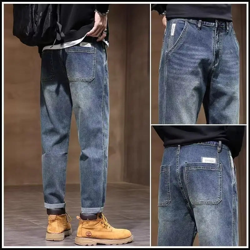 Calça Jeans Masculina Primavera Vintage Elástica Casual Longa Calça Reta Slim Algodão Poliéster Lavada para Adolescentes