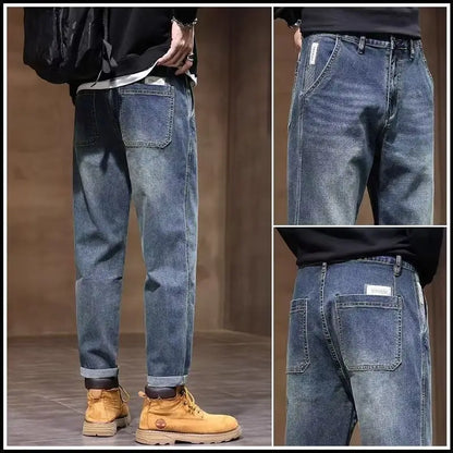 Calça Jeans Masculina Primavera Vintage Elástica Casual Longa Calça Reta Slim Algodão Poliéster Lavada para Adolescentes